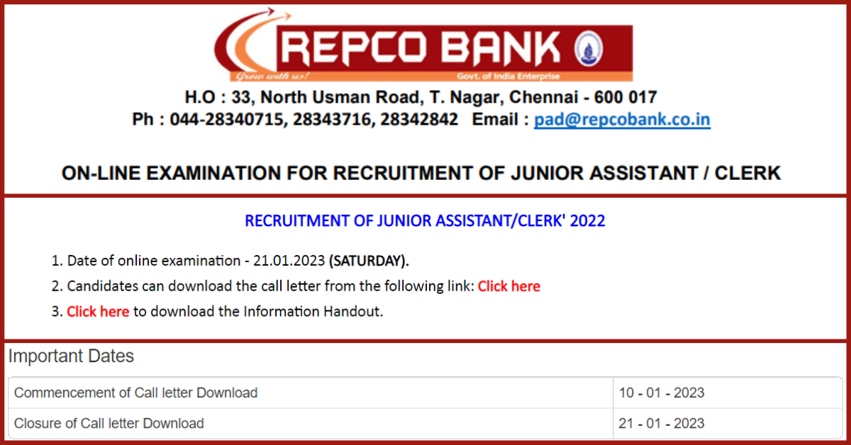 Repco Bank Junior Assistant/Clerk Admit Card for Online Exam 2023